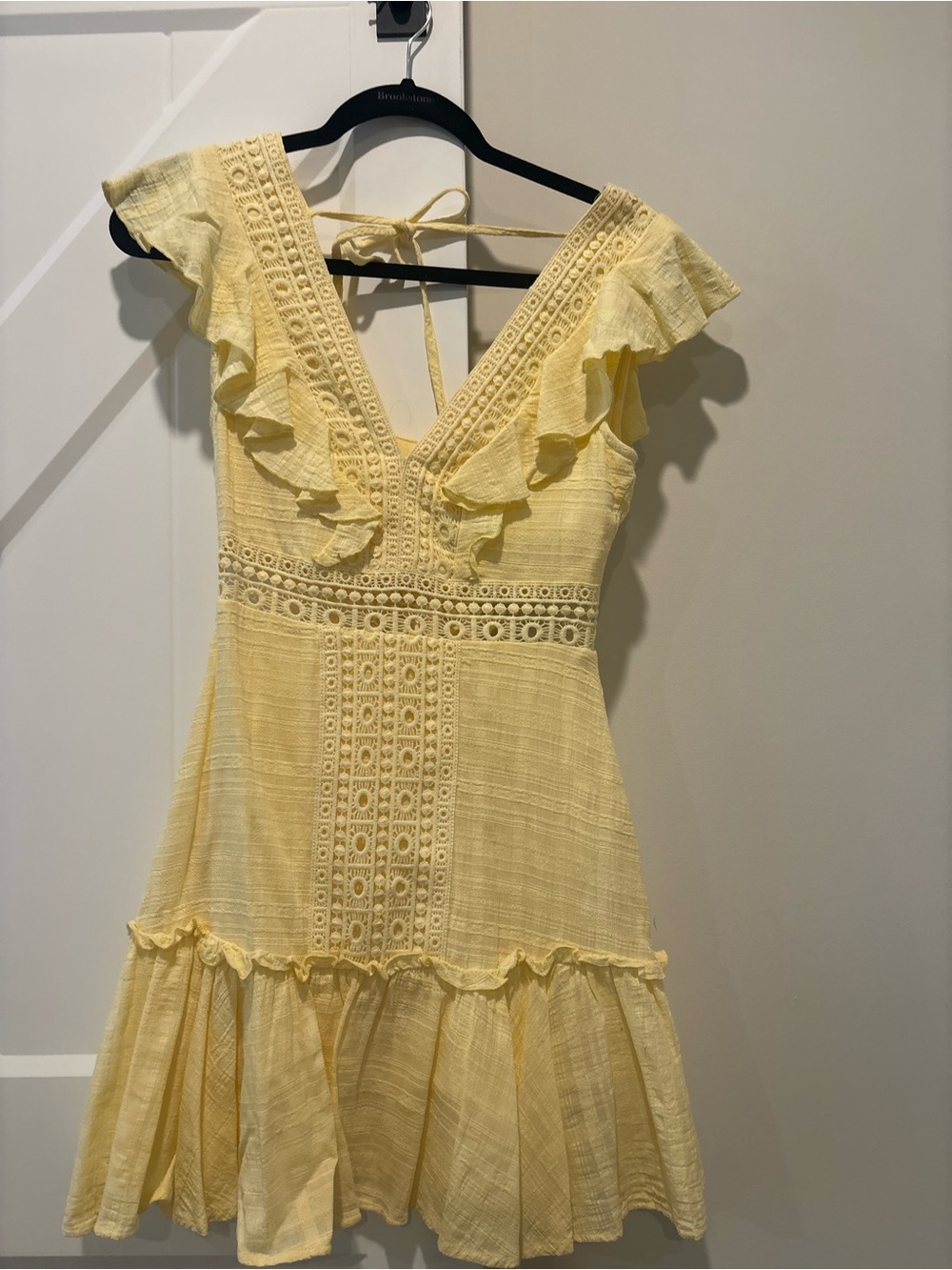 Francesca's Collections Soft Yellow Ruffle Crochet Mini Dress